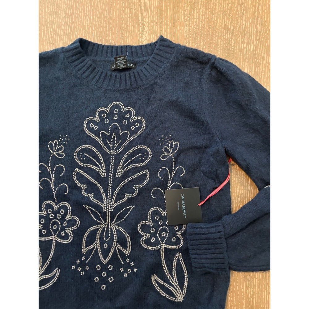 NWT Cynthia Rowley Women's Navy Blue Floral Beaded Crewneck Sweater Small - Picture 2 of 10